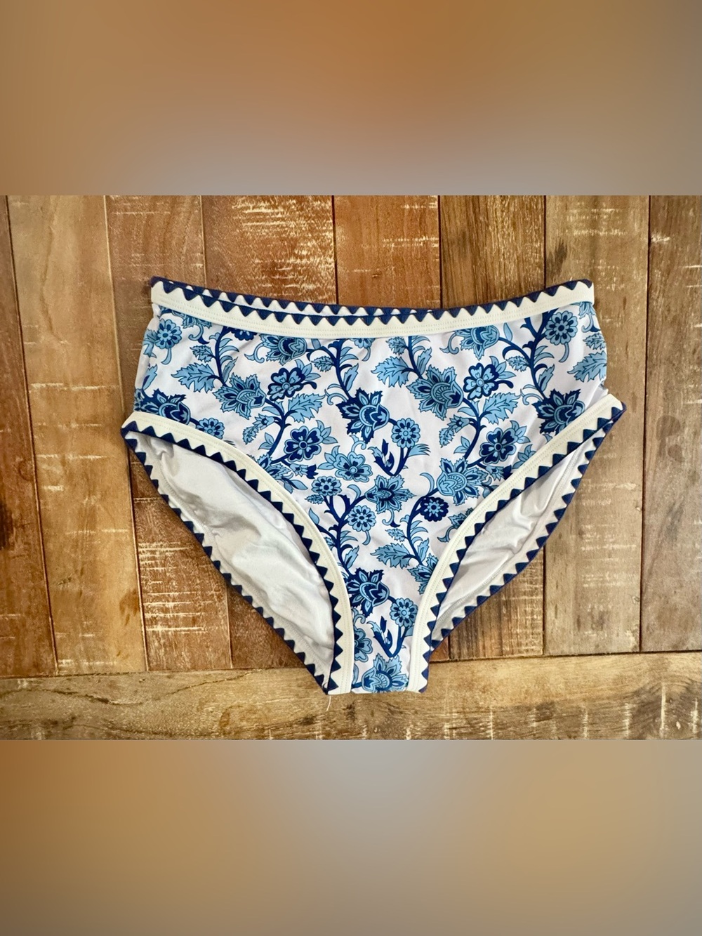 Blue White Floral Bikini Bottoms Women’s Large High Waist Swim Briefs Boho